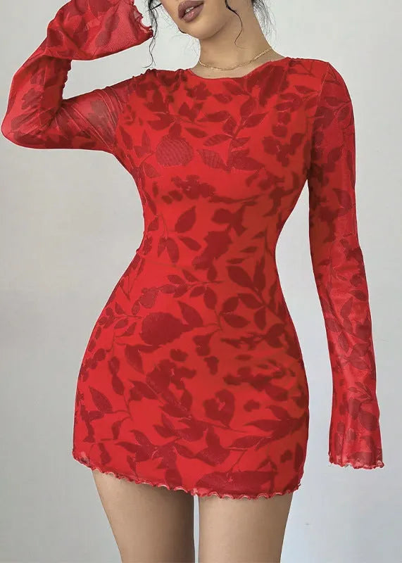 Red Backless Print Lace Up Cotton Dresses Flare Sleeve