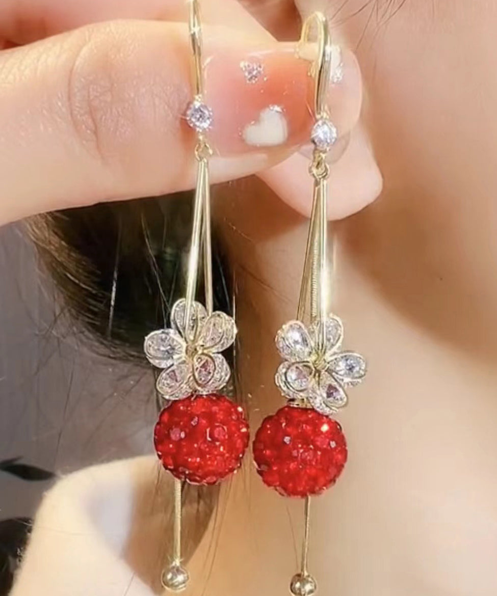 Gold Alloy Zircon Ball Tassel Drop Earrings