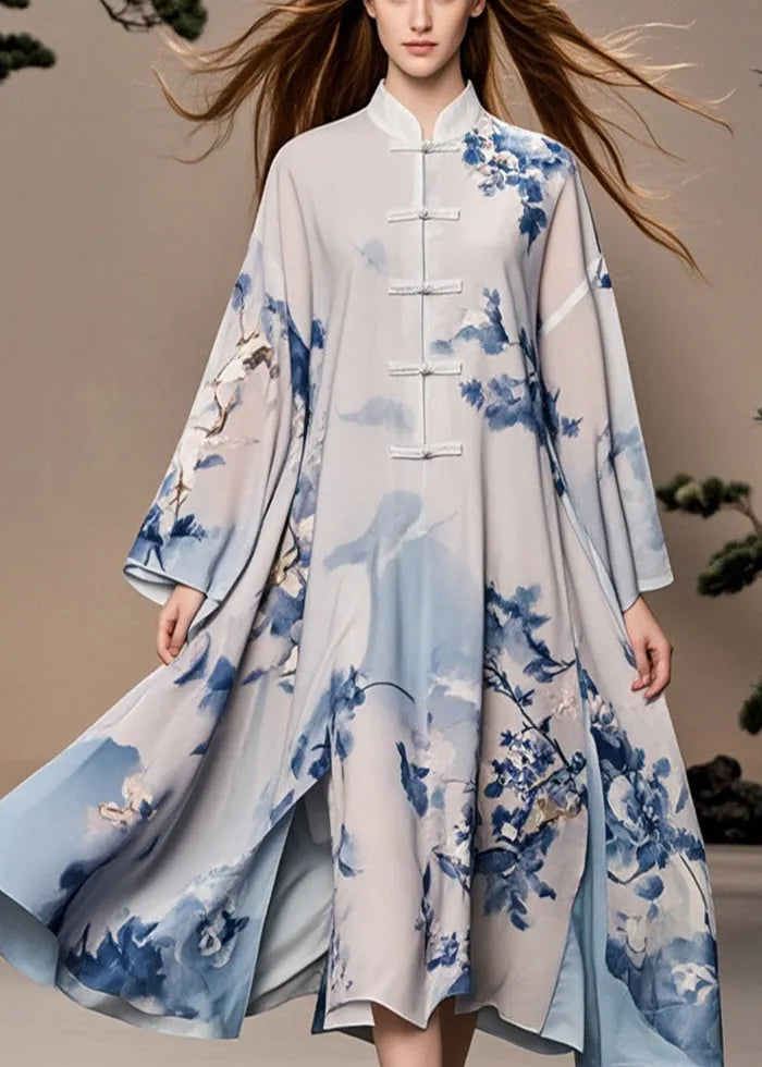 White Print Chinese Button Side Open Chiffon Oriental Dress Fall