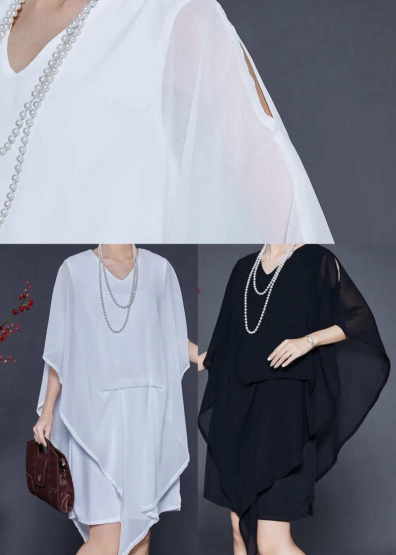 Black Asymmetrical Cold Shoulder Chiffon Tea Dress Summer