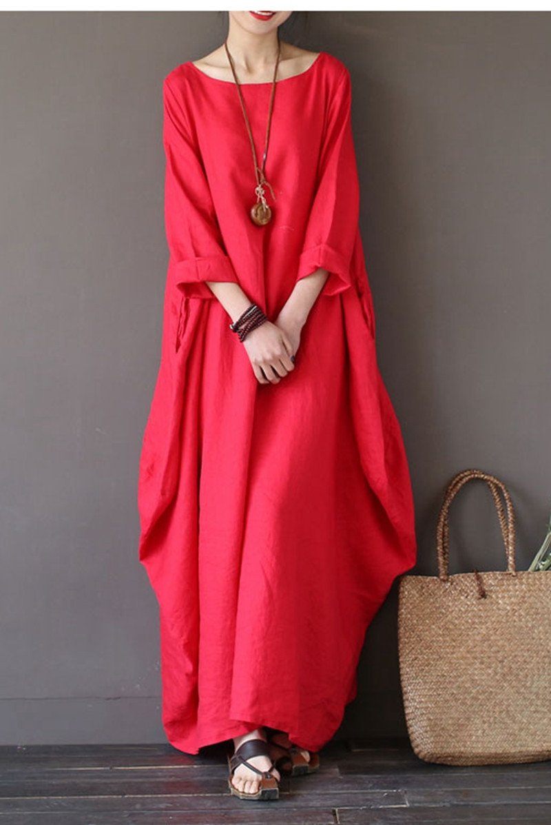 Red Bat Sleeve Causel Long Dress Oversize Outfits