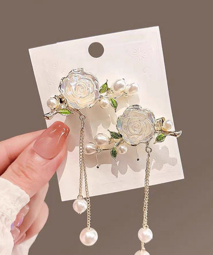 White Alloy Colored Glaze Camellia Pearl Tassel a Pair Hairpin