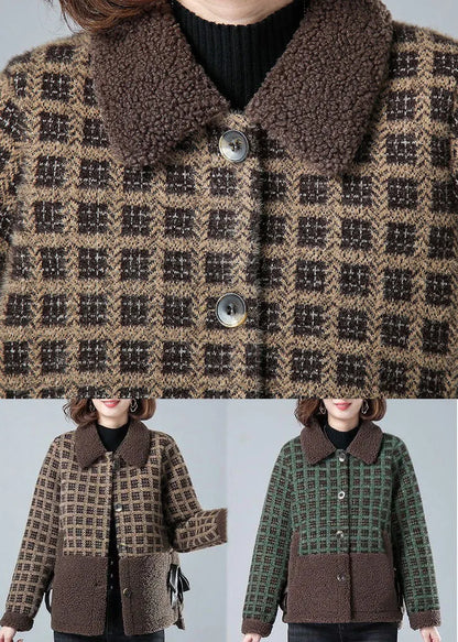 Khaki Peter Pan Collar Pockets Plaid Faux Fur Coats Winter