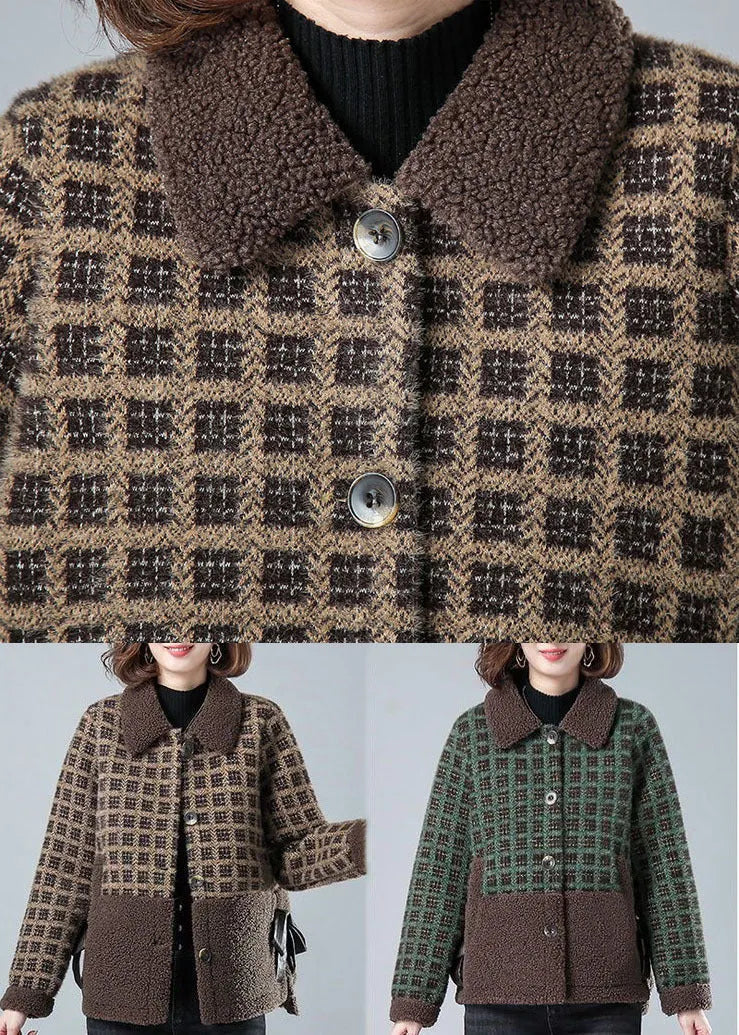 Khaki Peter Pan Collar Pockets Plaid Faux Fur Coats Winter