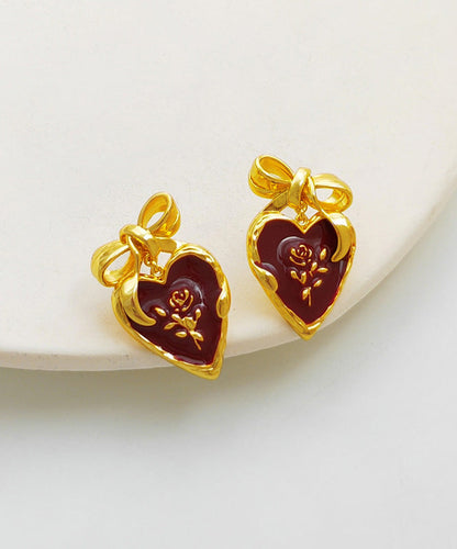 Mulberry Copper Overgild Oil Drip Heart Stud Earrings
