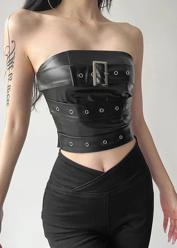 Novelty Black Cold Shoulder Patchwor Faux Leather Top Summer