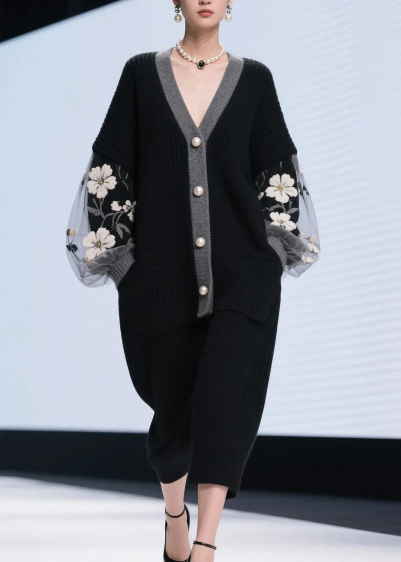 Black V Neck Tulle Patchwork Knit Cardigans Fall