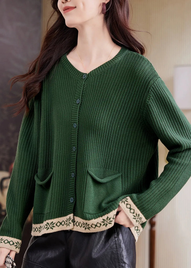 French Green Patchwork Button Cotton Knit Cardigan Flare Sleeve