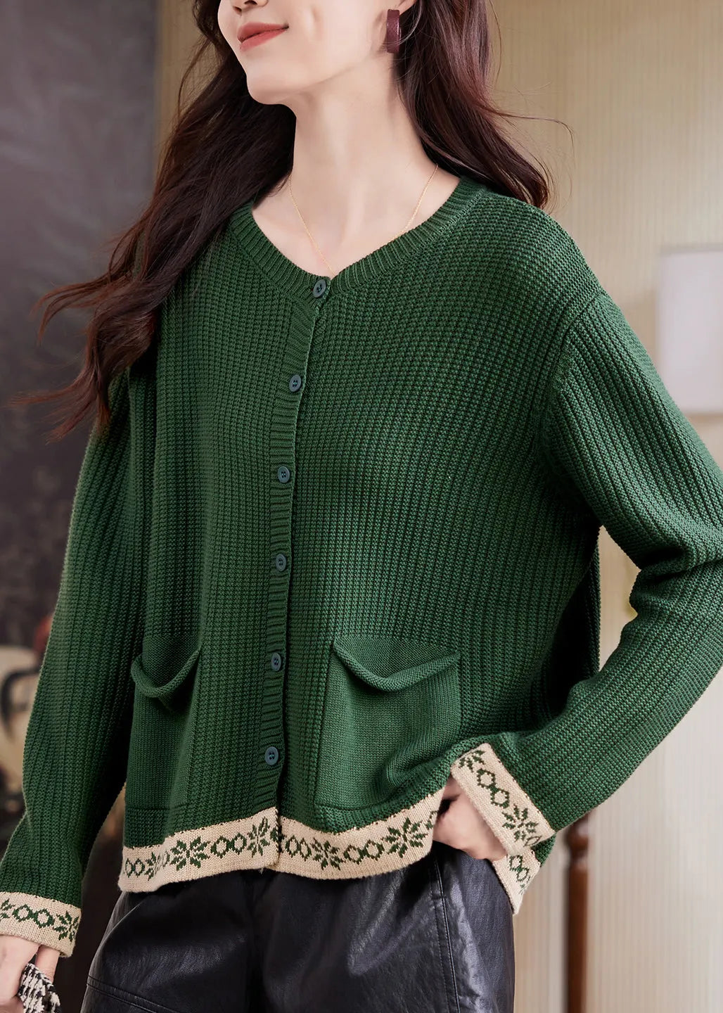 French Green Patchwork Button Cotton Knit Cardigan Flare Sleeve