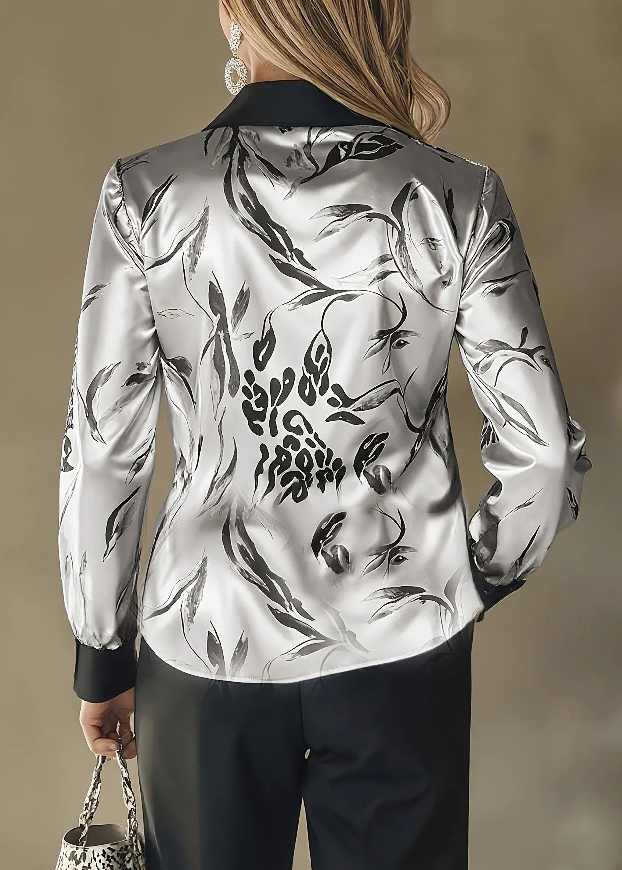 Unique Grey Peter Pan Collar Print Silk Top Spring