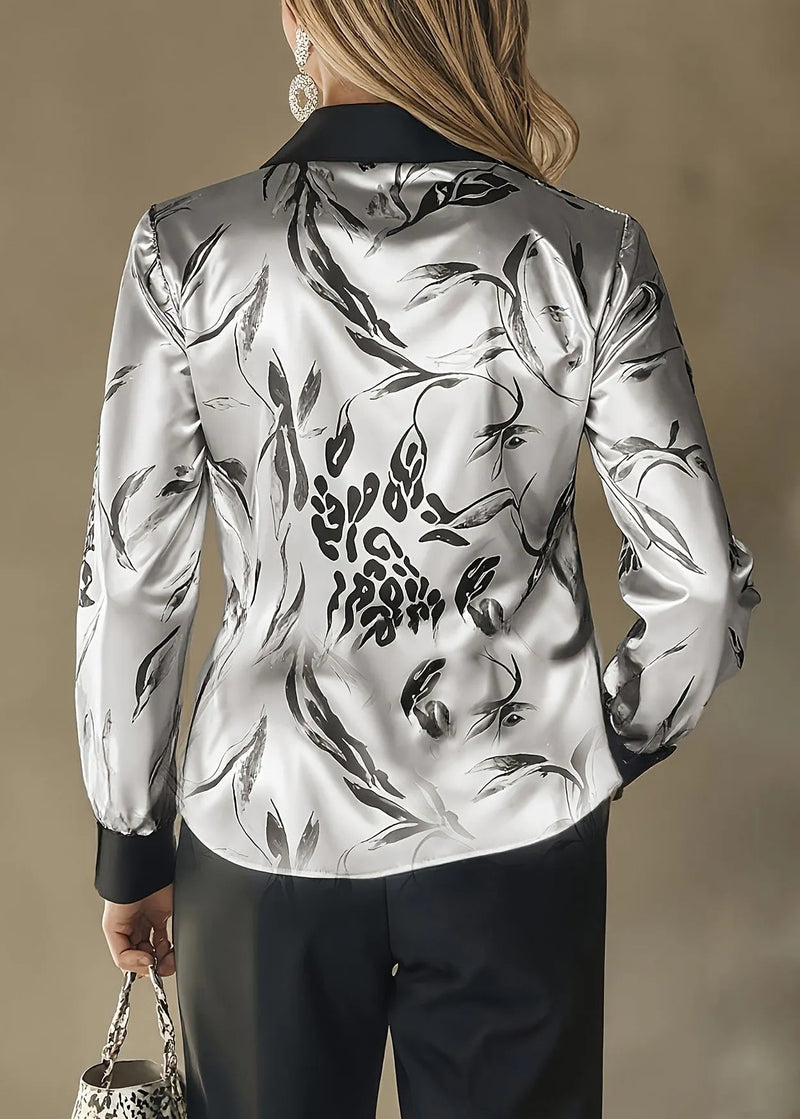 Unique Grey Peter Pan Collar Print Silk Top Spring