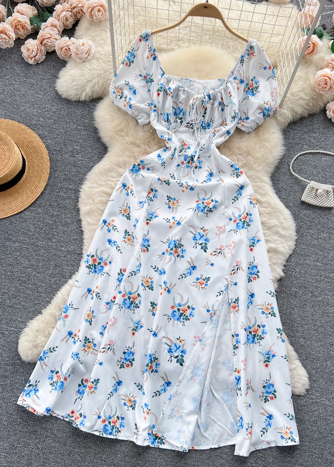 White Lace Up High Waist Cotton Dresses Short Sleeve
