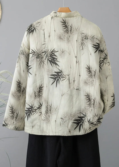 Stand Collar Print Oriental Button Fine Cotton Filled Coat Spring
