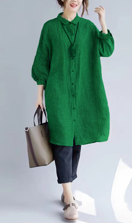Stylish Black Plaid Cozy Cotton T Shirt Oversize Turn-down Collar Cotton Blouses Fine Long Sleeve Tops