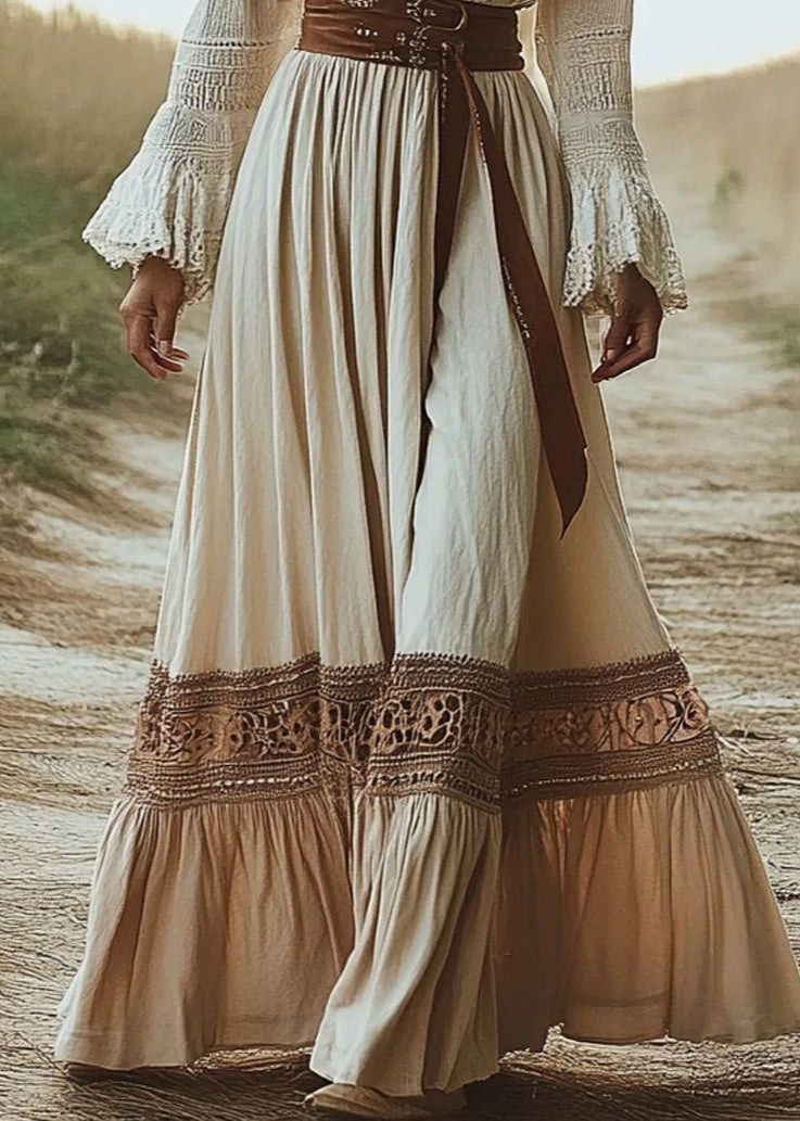 Beige V Neck Patchwork Cotton Long Dresses Flare Sleeve
