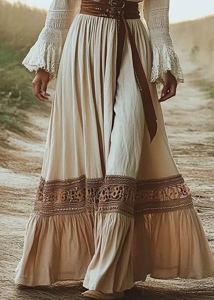 Beige V Neck Patchwork Cotton Long Dresses Flare Sleeve