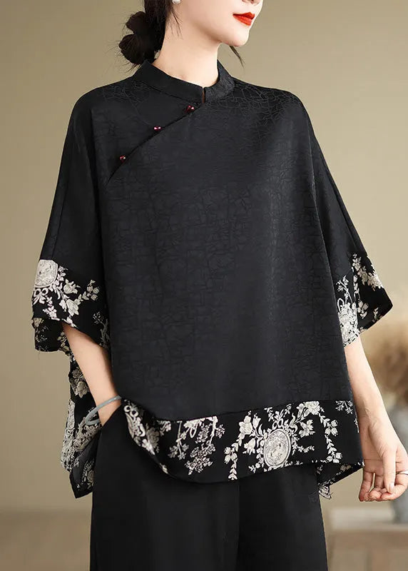 Black Mandarin Collar Patchwork Silk Shirt Summer