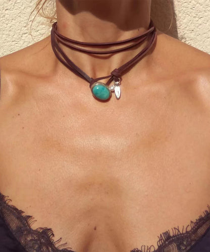 Brown Leather Turquoise Pearl Necklace