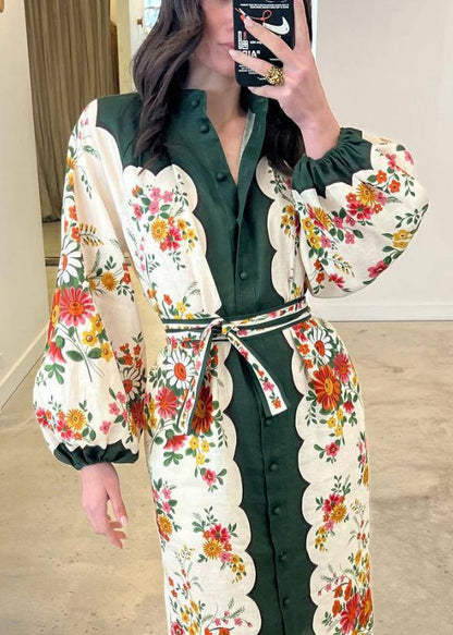 White Print Pockets Tie Waist Linen Shirts Dresses Long Sleeve