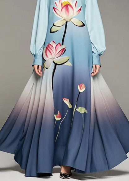 Gradient Color Lotus Print Chiffon Dress Fall