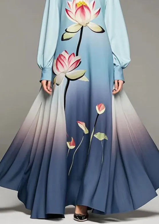 Gradient Color Lotus Print Chiffon Dress Fall