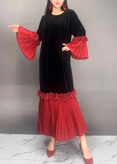 Red O Neck Chiffon Patchwork Velvet Dresses Flare Sleeve