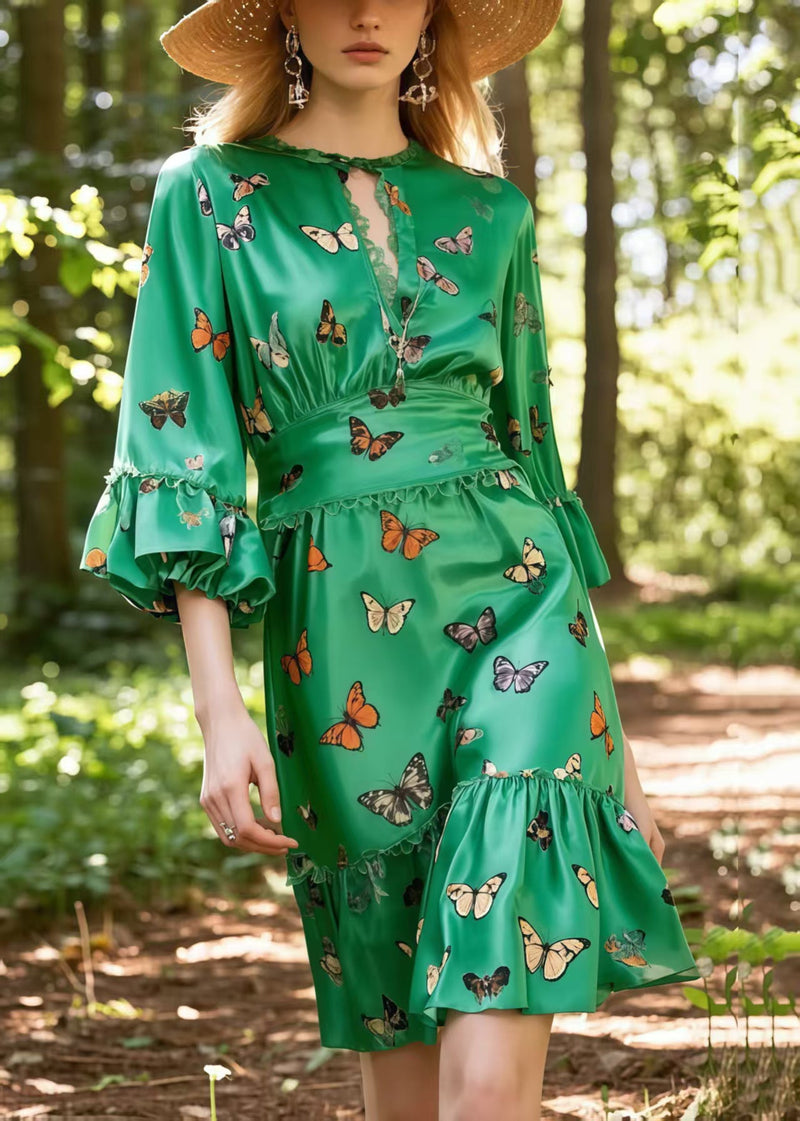 Tea Green Butterfly Silk Day Dress Lantern Sleeve