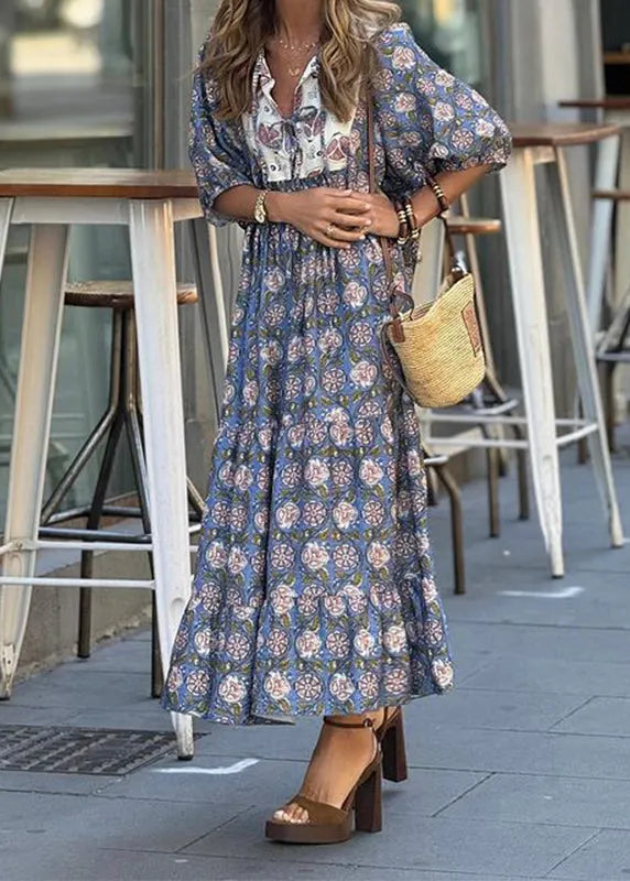 Blue Print Lace Up Cotton Vacation Dresses Summer