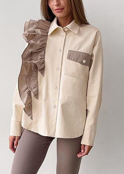 Apricot Ruffled Peter Pan Collar Ruffled Patchwork Shirt Spring