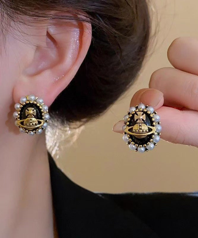 New Black Metal Pearl Stud Earrings