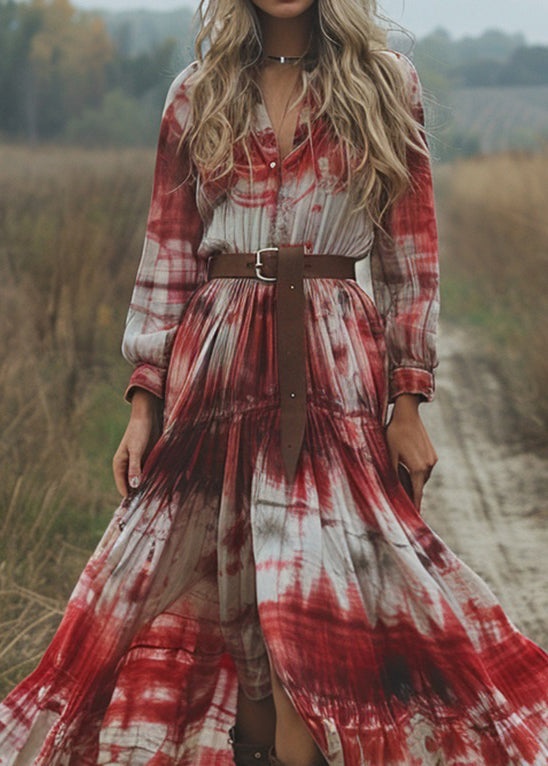 V Neck Tie Dye Cotton Pastoral Style Long Dress