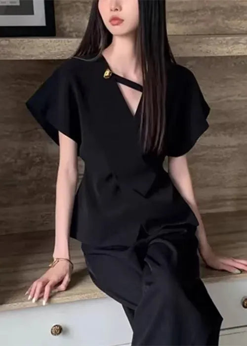 French Black V Neck Spandex Shirt Summer