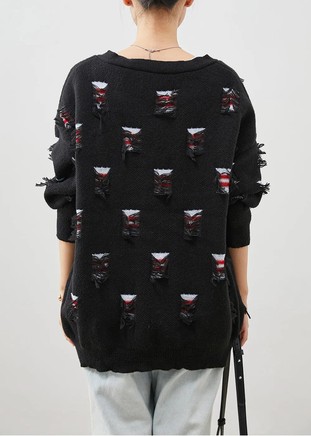 Black Oversized Ripped Thick Knit Coat Spring