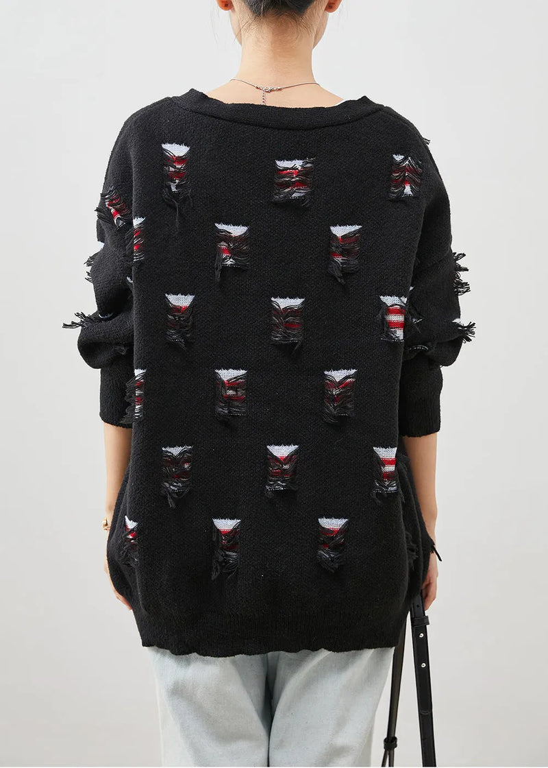 Black Oversized Ripped Thick Knit Coat Spring