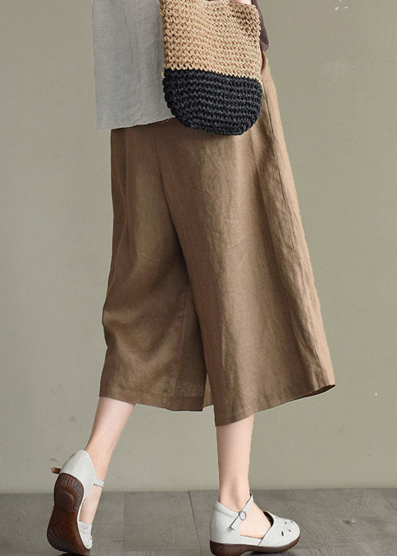 Khaki Elastic Waist Oversized Pockets Linen Wide Leg Crop Pants Summer