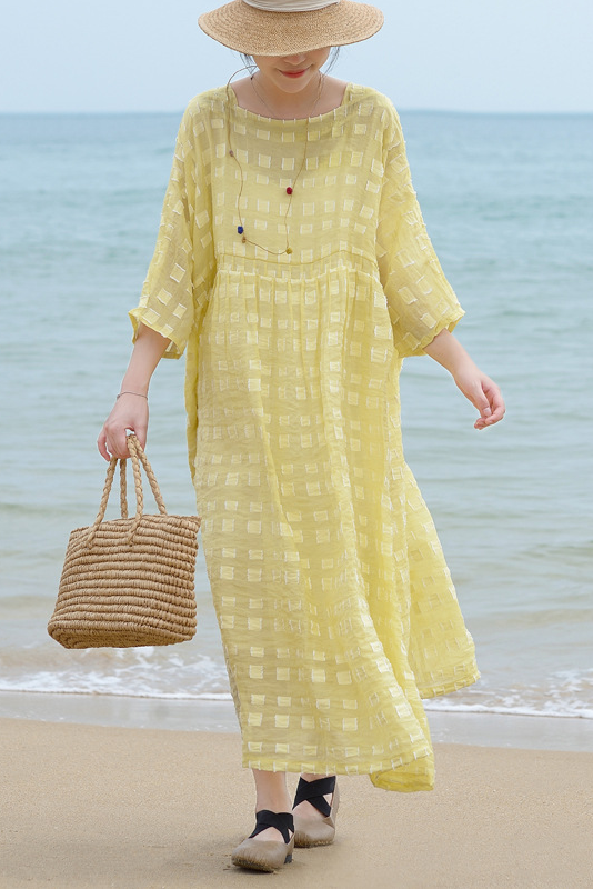 Summer Short Sleeve Dress Tencel Checkered Long Dress