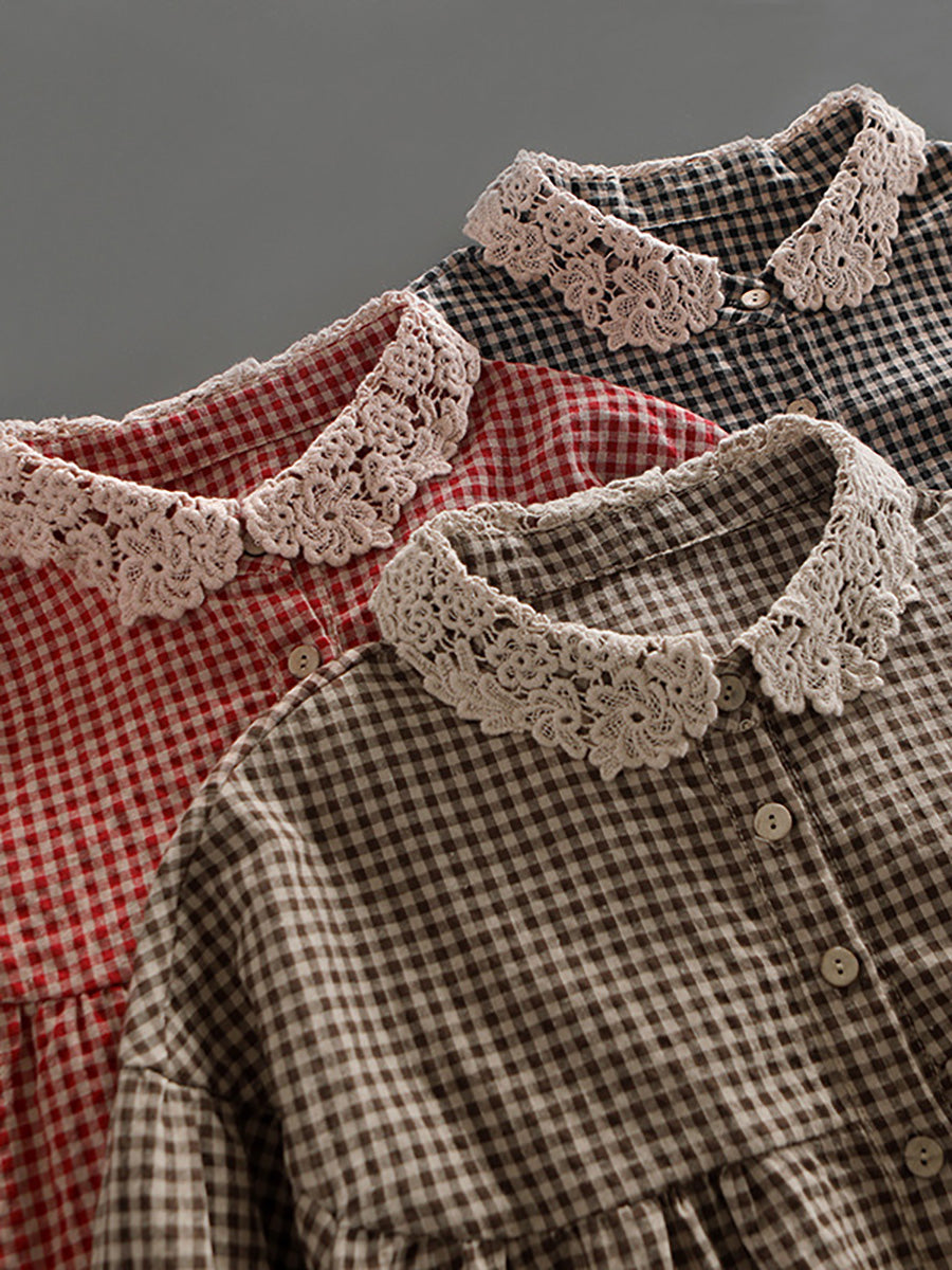 Loose Breasted Lace Plaid Tops