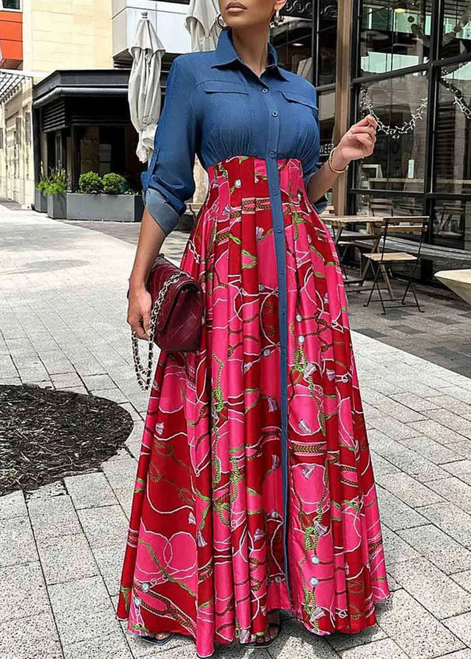 Blue Denim Patchwork Print Wrinkled Dress Autumn