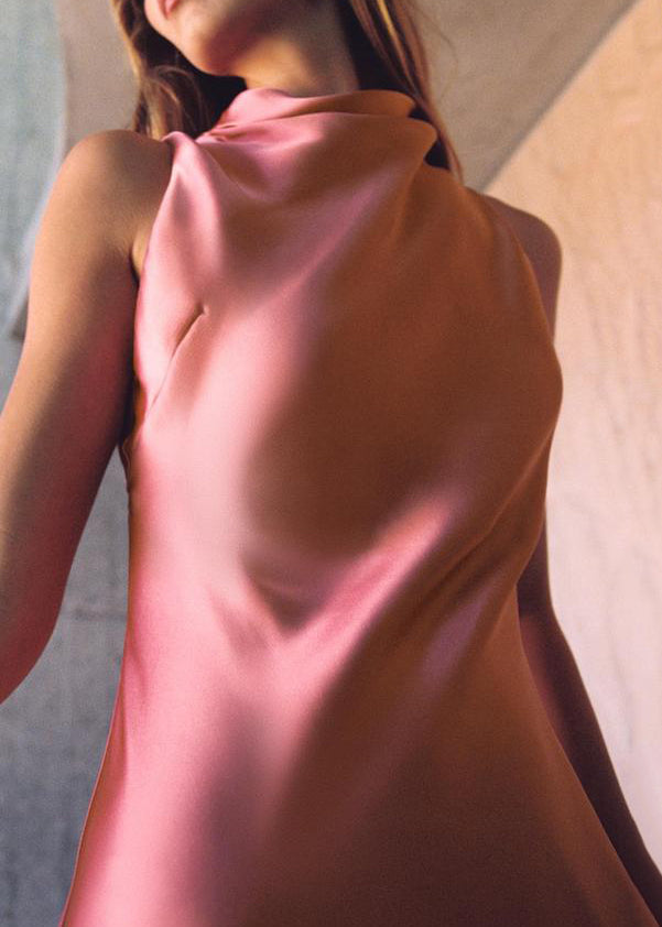 Slim Fit Pink Turtleneck Button Silk Long Dress Sleeveless