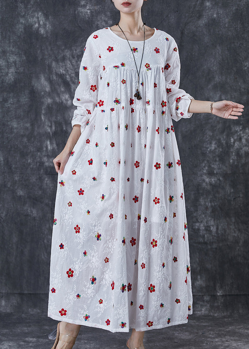 French White Embroidered Cotton Maxi Dress Spring