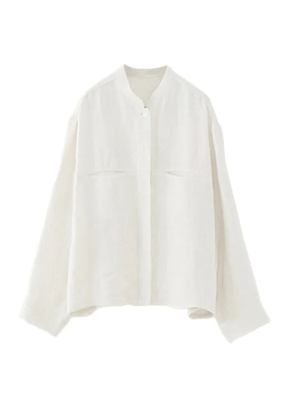 White Stand Collar Pockets Linen Shirts Spring
