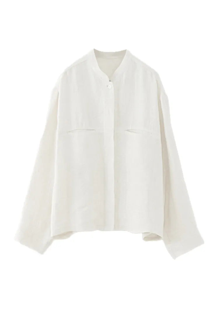 White Stand Collar Pockets Linen Shirts Spring