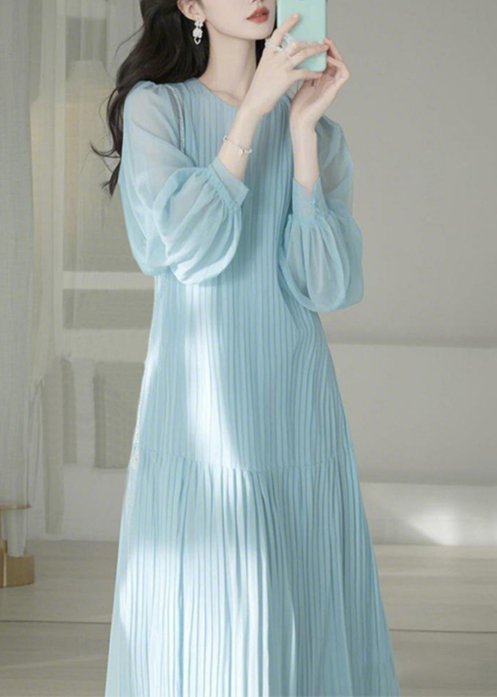 Light Blue O-neck Cinched Maxi Dresses Spring