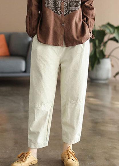 Handmade Beige Elastic Waist Pockets Pants Spring