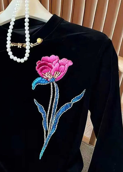 Black Embroidered Silk Velour Blouses Flare Sleeve