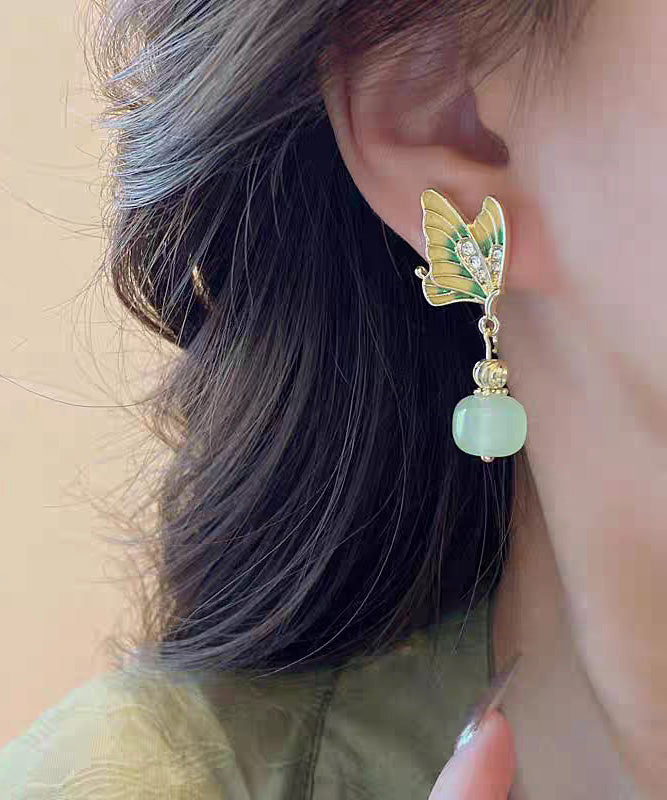 Green Copper Alloy Zircon Jade Butterfly Drop Earrings