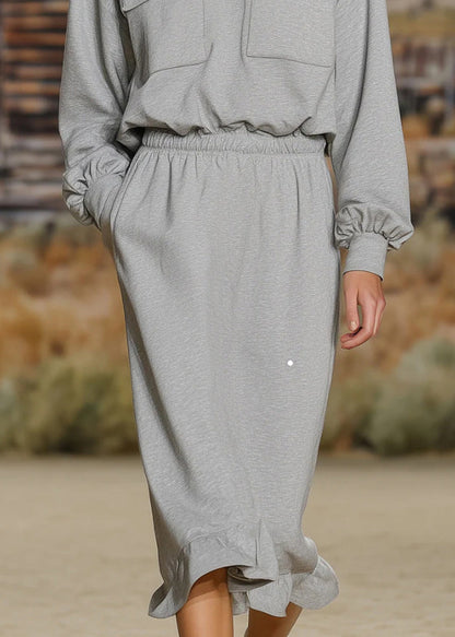 Grey Hooded Ruffled Patchwork Cotton Dress Fall