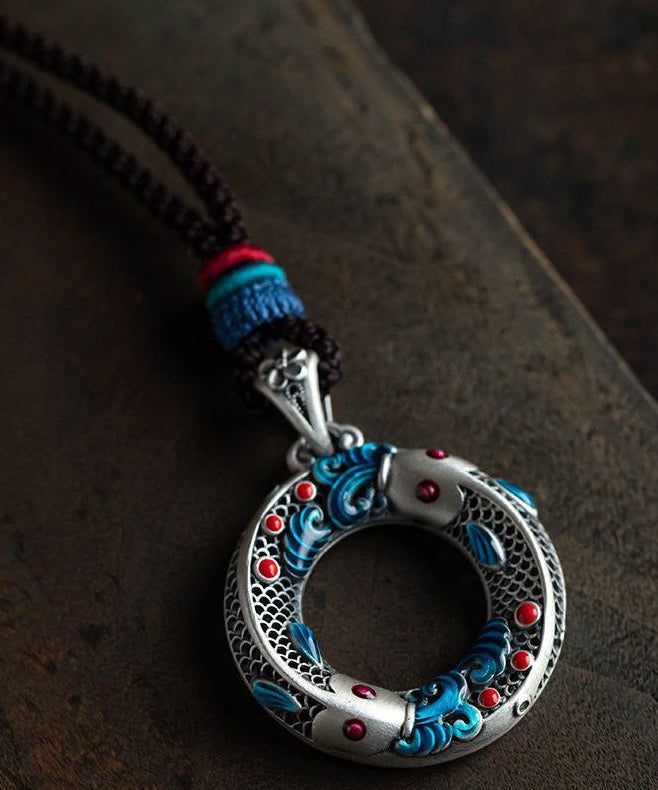Blue Sterling Silver Cloisonne Lucky Charm Pendant Necklace