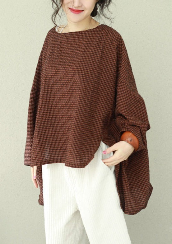 Asymmetric Cotton Fine Work Black Brown Plaid Oversized Tops