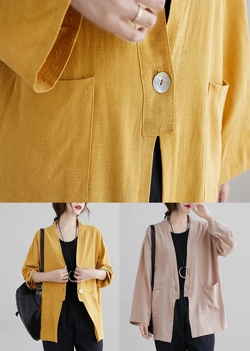 Yellow V Neck Pockets Patchwork Cotton Cardigan Fall